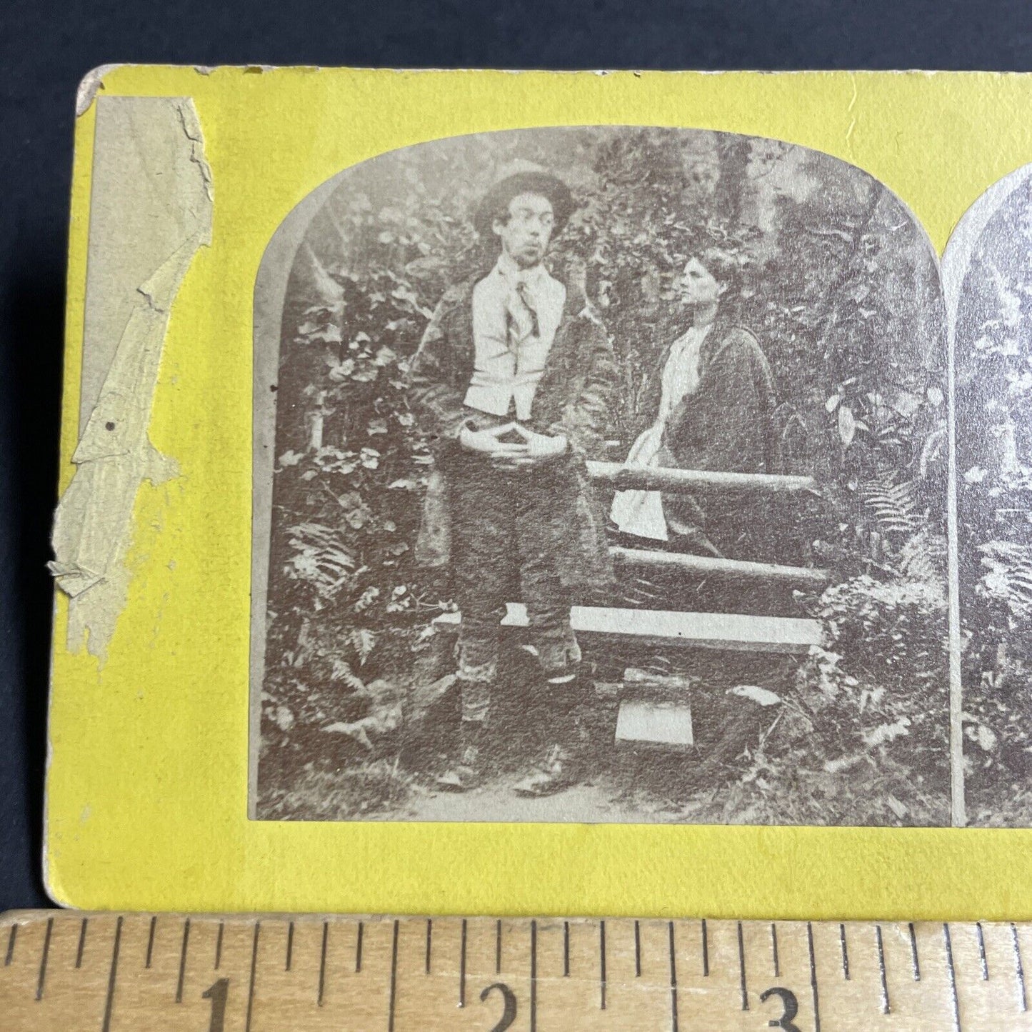 Antique 1870s Man Spies On Woman In Garden Stereoview Photo Card P4704