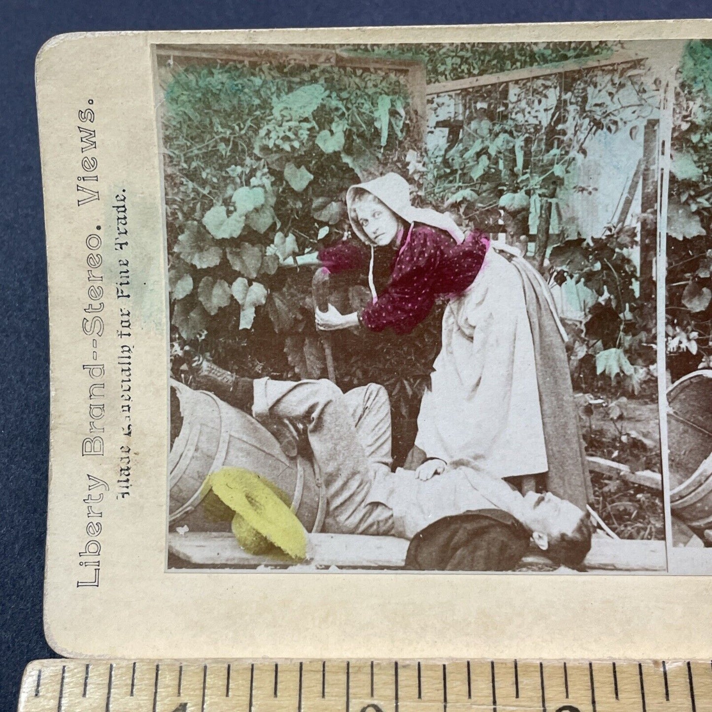 Antique 1880s Woman Finds Drunk Man Passed Out Stereoview Photo Card V3277