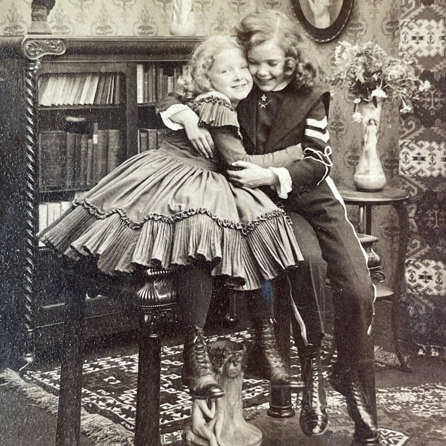 Victorian Children Hugging and Playing Stereoview Antique c1901 Y1391