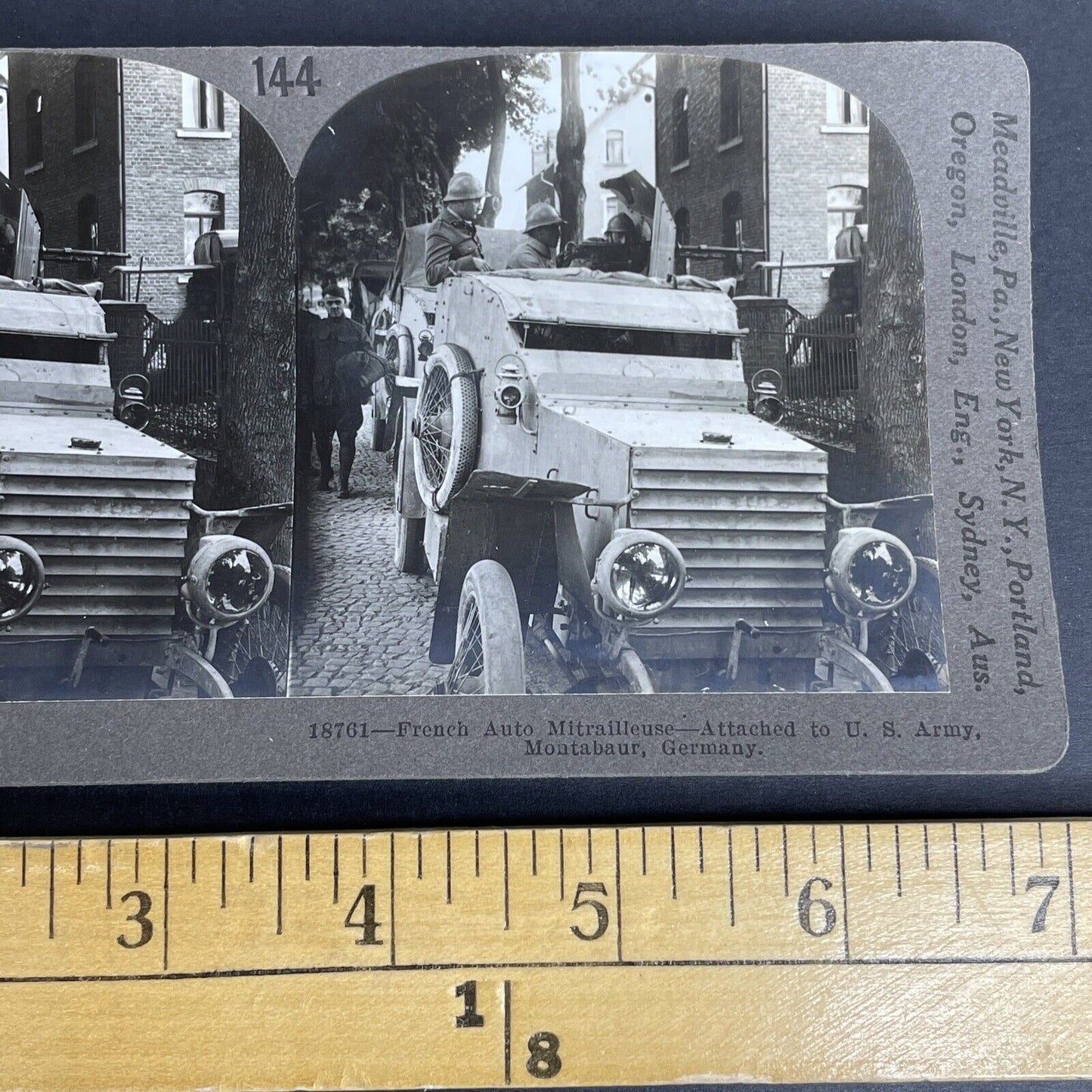 Antique 1918 WW1 French Soldiers In US Armored Car Stereoview Photo Card P998