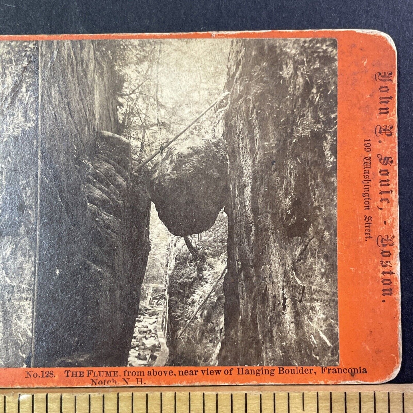 Franconia Notch Boulder Flume Stereoview Photo JP Soule Antique c1869 X1274