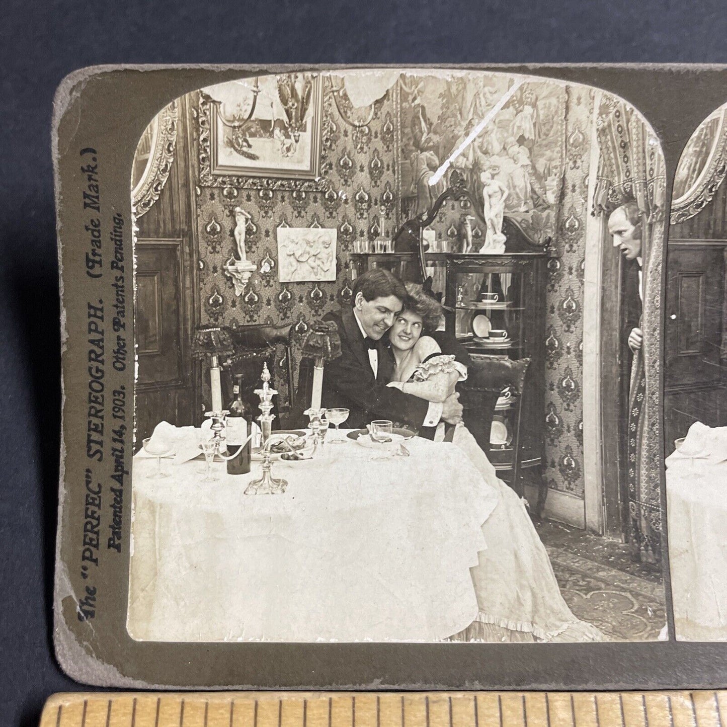 Antique 1903 Busty Woman Hugs A Man At Dinner Stereoview Photo Card P4745