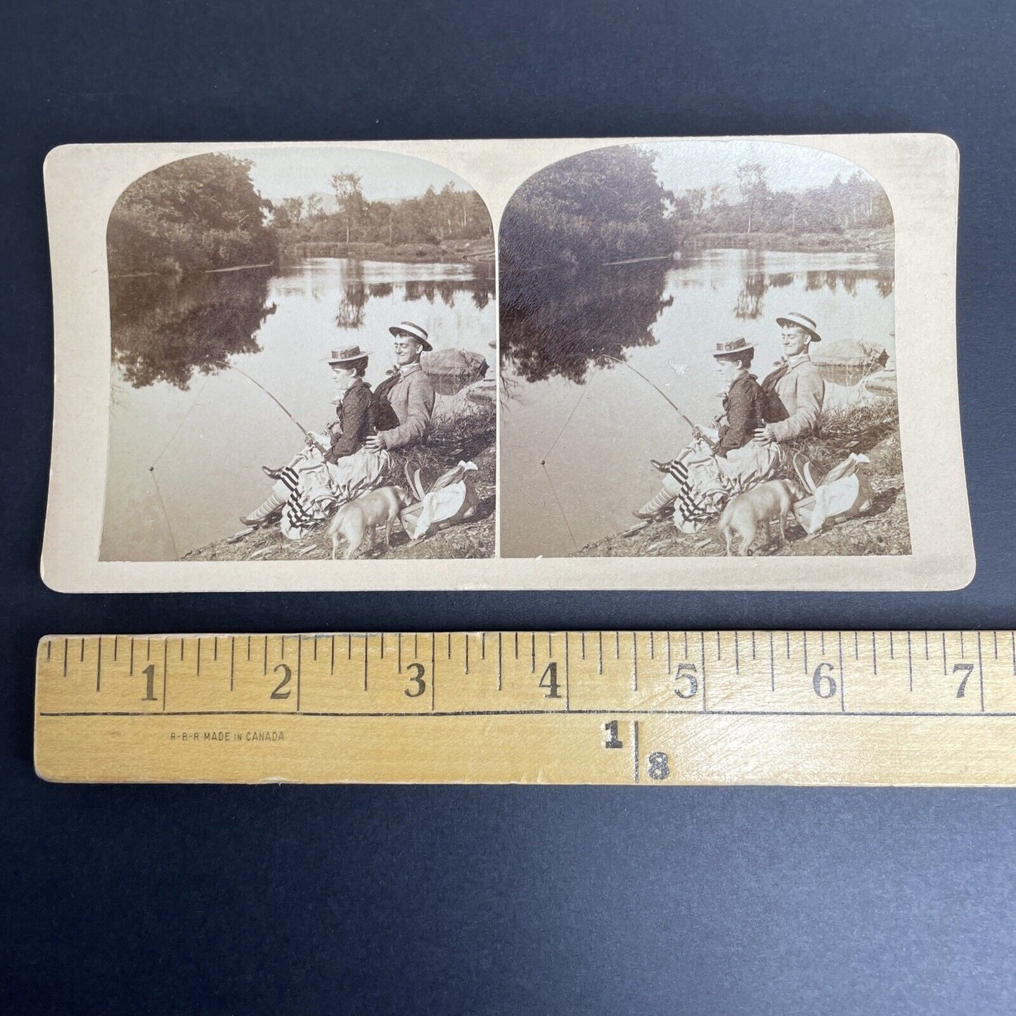 Antique 1880's Handsy Man & Woman Fishing Stereoview Photo Card PC801