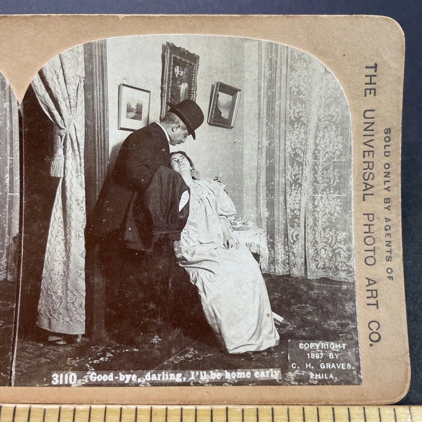 Antique 1897 Banker Kisses His Wife Goodbye Stereoview Photo Card P3513