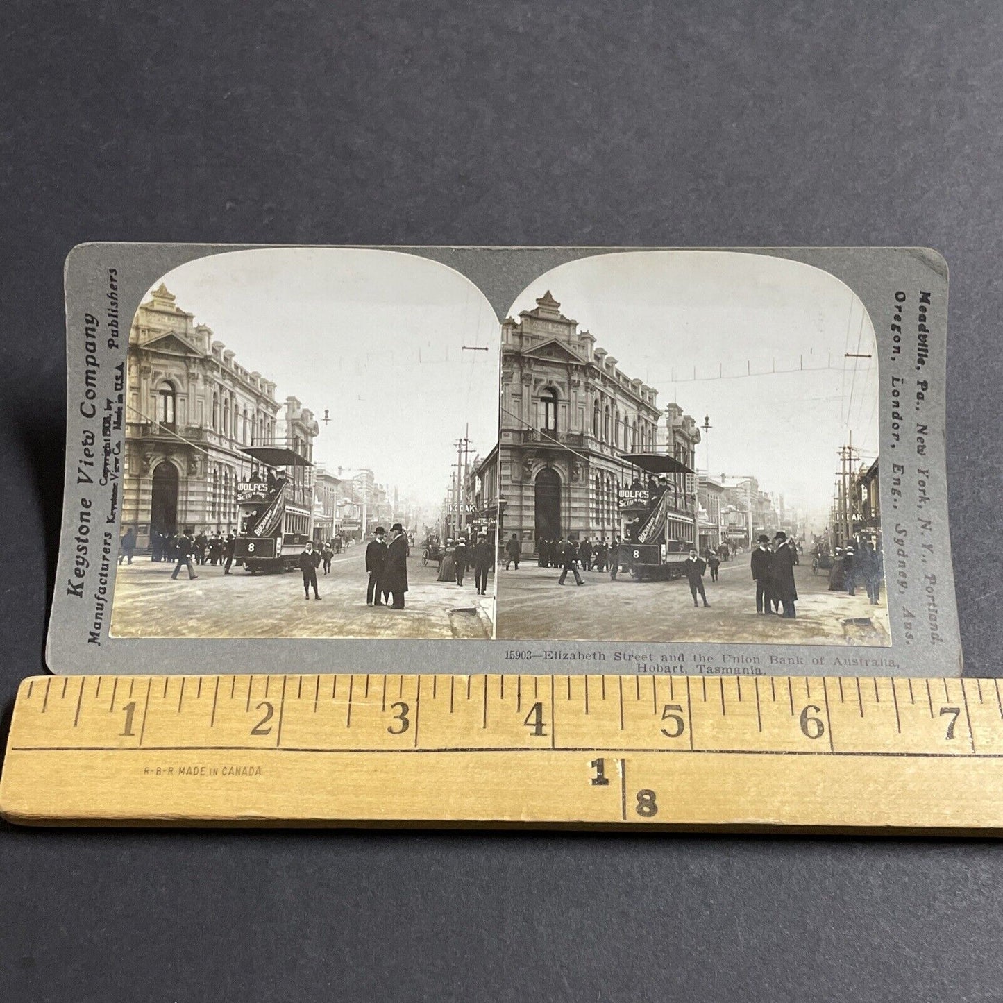 Antique 1908 Union Bank In Hobart Tasmania Stereoview Photo Card P5092