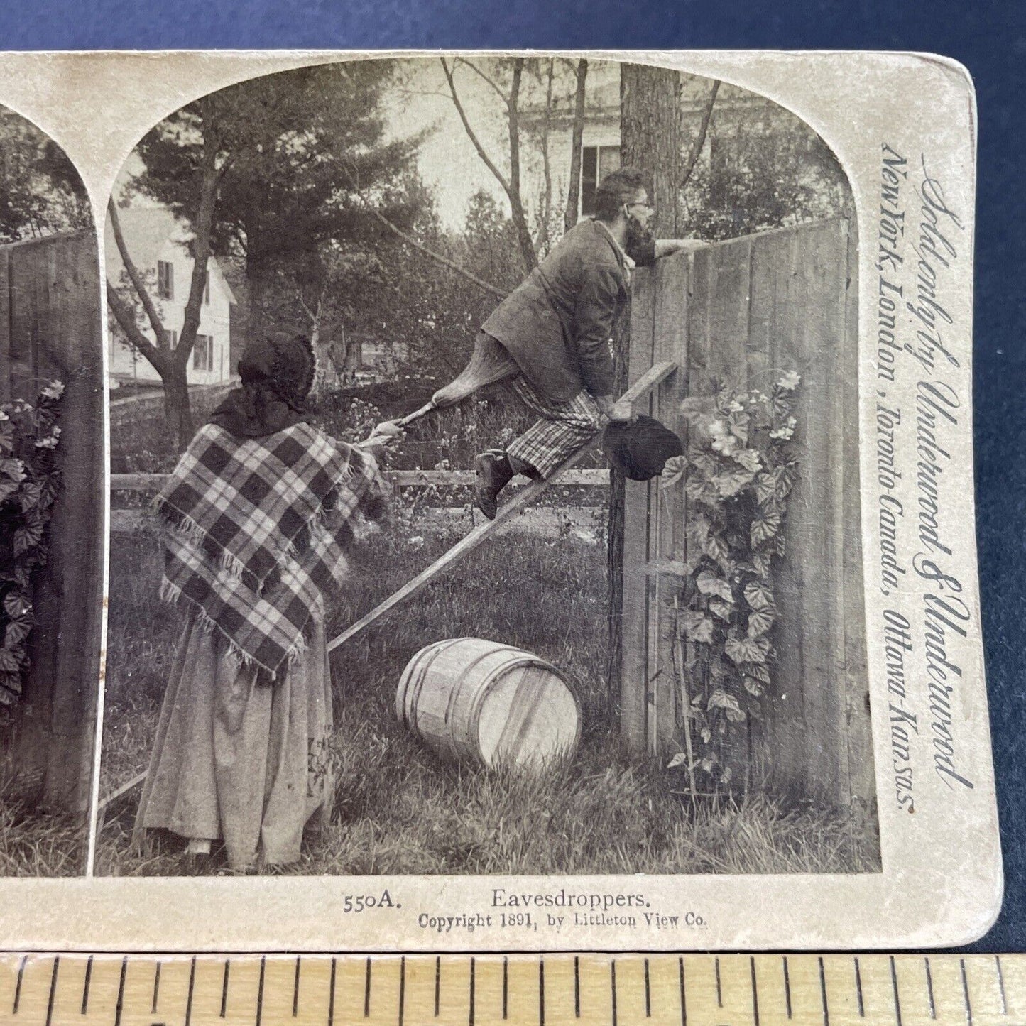 Antique 1891 Man & Woman Climb Over Fence Stereoview Photo Card P4083