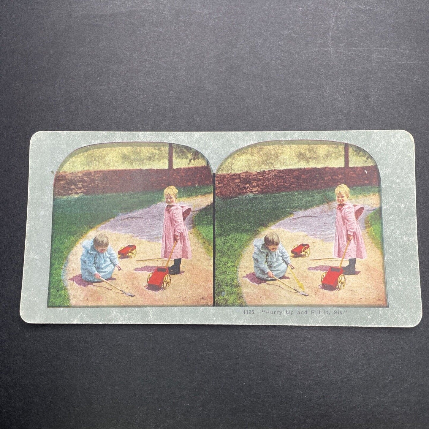 Antique 1898 Children 'Fixing' A Gravel Sidewalk Stereoview Photo Card P1134