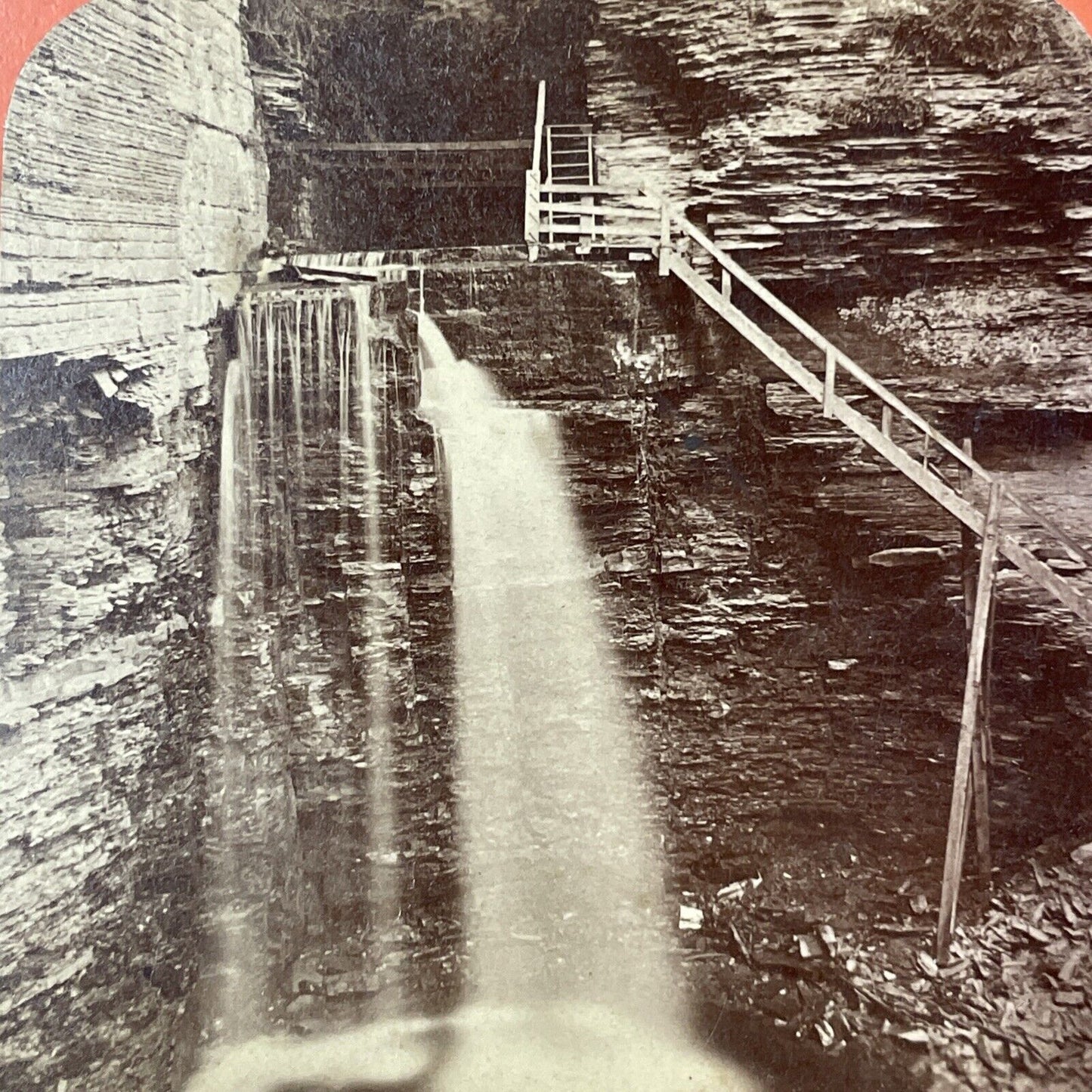 Watkins Glen Lower Cascade Falls NY Stereoview GF Gates Antique c1870 X1283