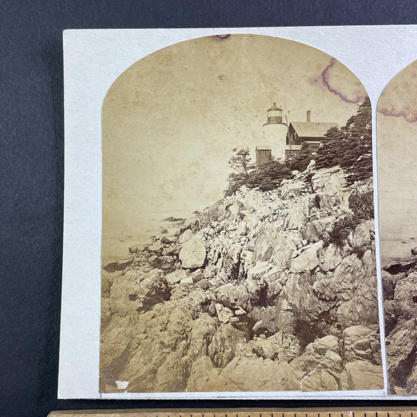 Bass Harbor Head Light Lighthouse Stereoview Mt Desert Maine Antique c1870s Y168