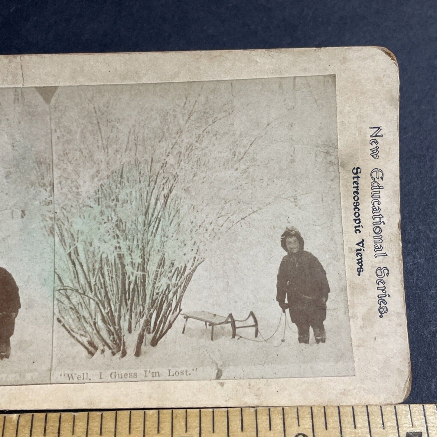 Antique 1880s Boy With Sled In Snowstorm Stereoview Photo Card P4648