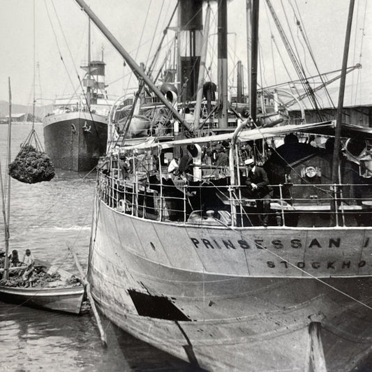 Antique 1908 Prinsessan Ingeborg Ship Loading Bananas Stereoview Photo Card P916