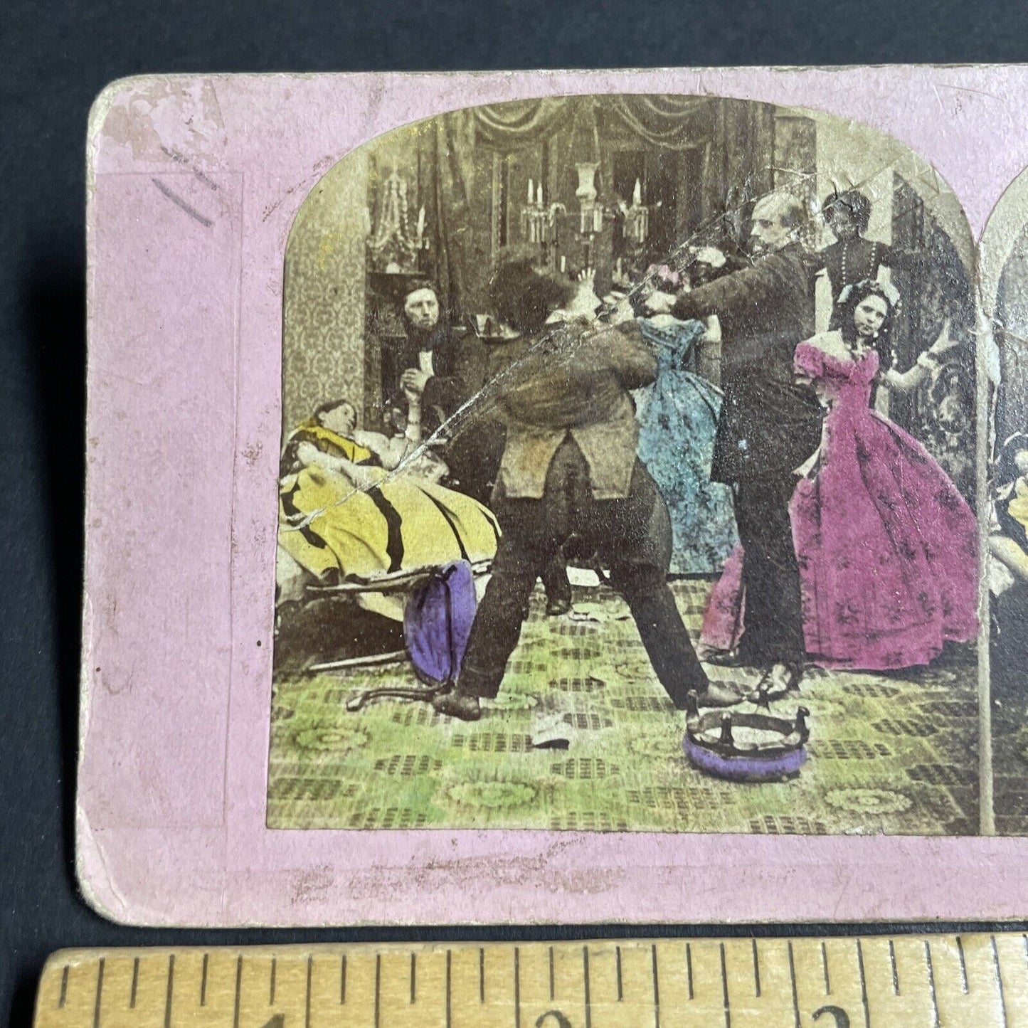 Antique 1860s Man Stabs Intruder In House Stereoview Photo Card P4718