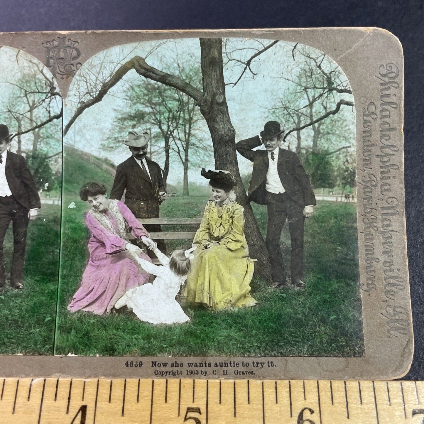 Antique 1903 A Family Relaxes In A Public Park Stereoview Photo Card P3451