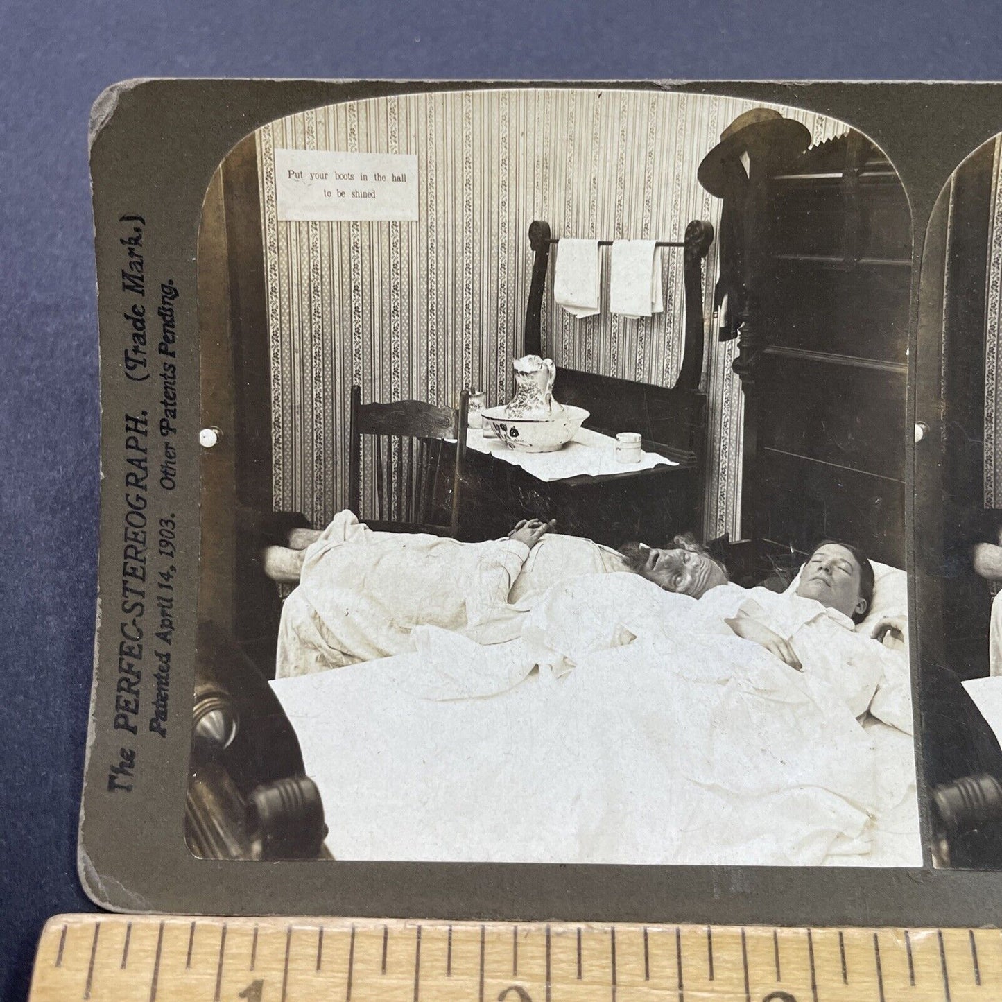 Antique 1903 Man Sleeps With Feet Out Of Doorway Stereoview Photo Card P2656