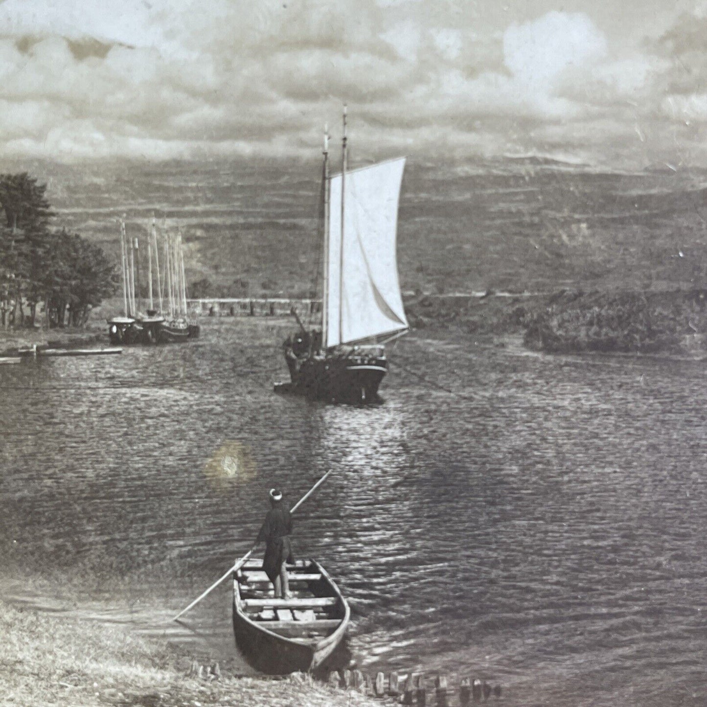 Antique 1905 Fishing Boats Fujiyama Japan Stereoview Photo Card P2135