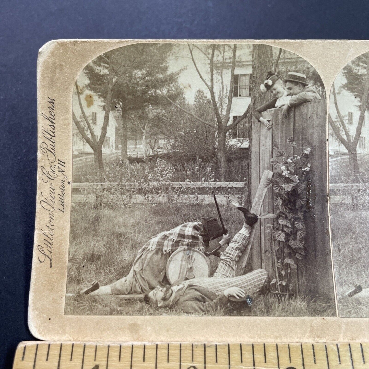 Antique 1891 Man & Woman Fall From Fence Stereoview Photo Card P4084