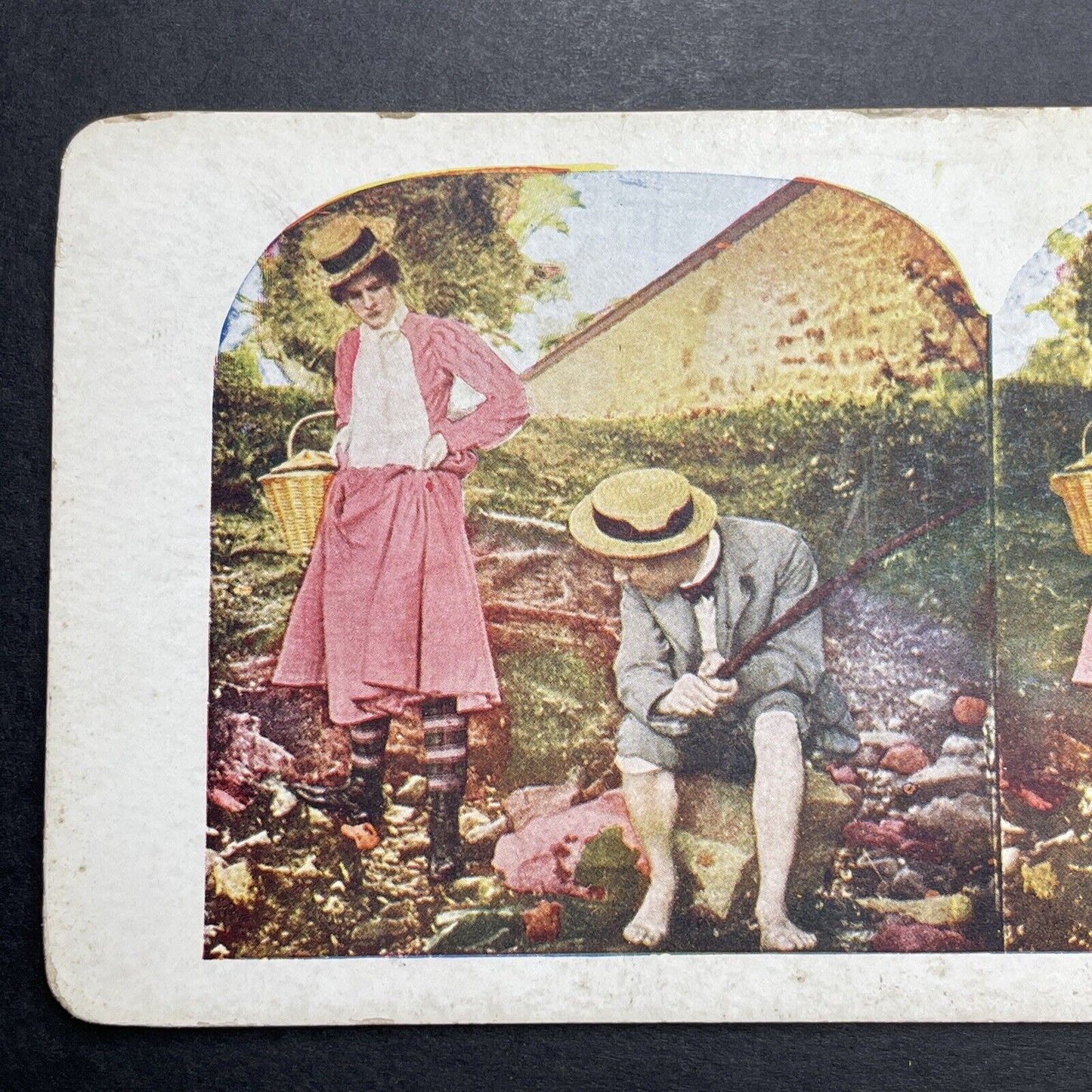 Antique 1906 Woman Seduces Fisherman Stereoview Photo Card P1194