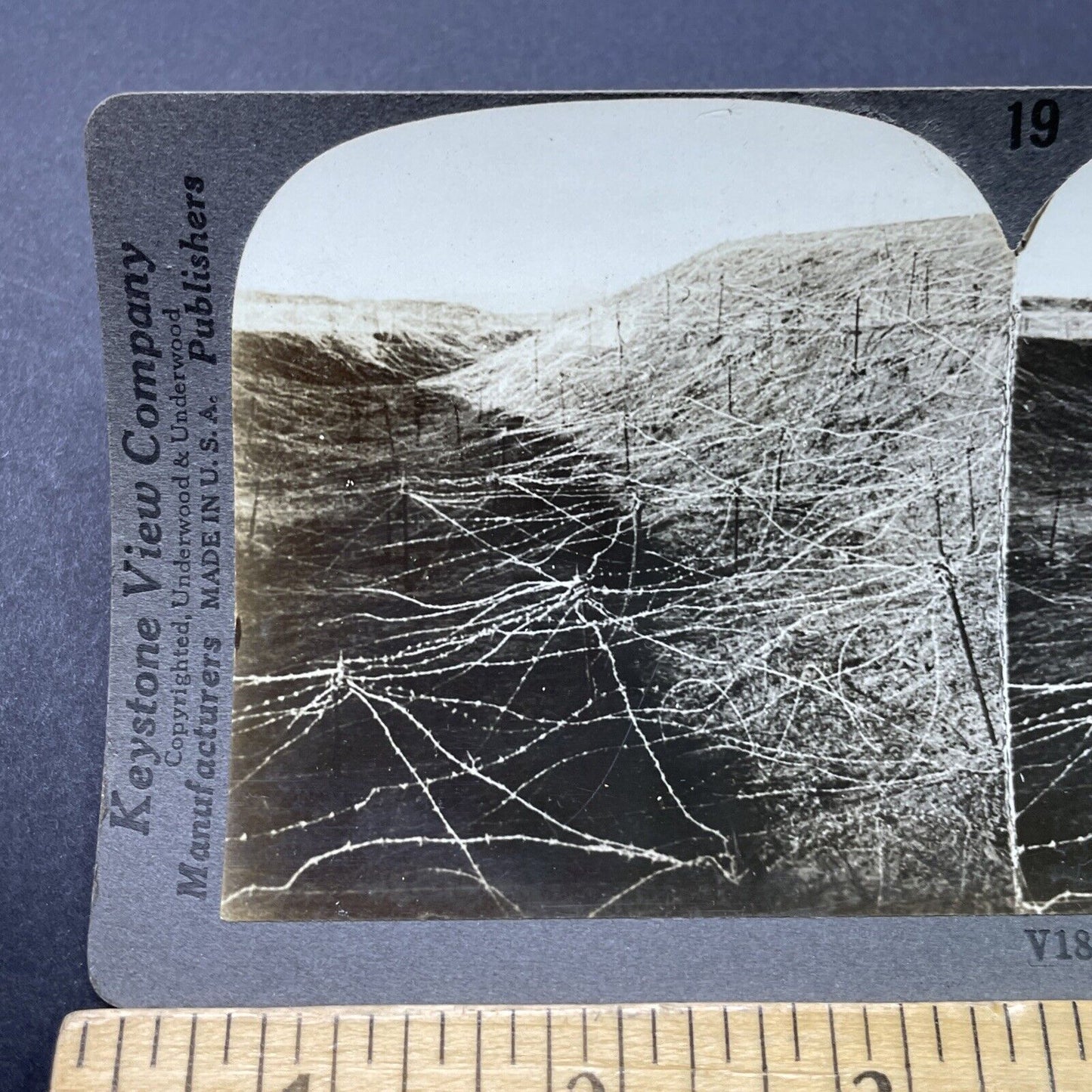 Antique 1917 WW1 No Mans Land Covered In Barbed Wire Stereoview Photo Card P2811