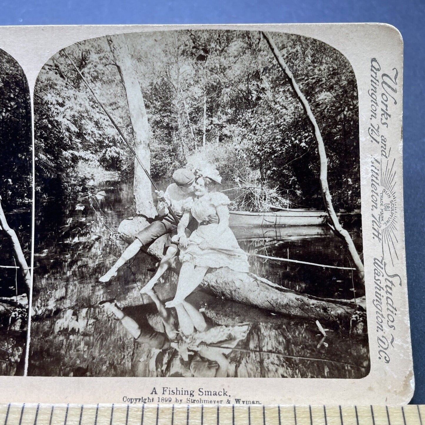 Antique 1899 Man Woman Flirting While Fishing Stereoview Photo Card P2386