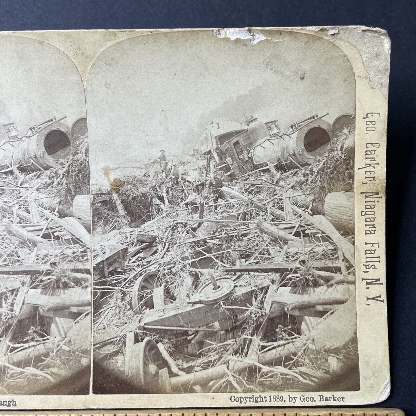 Antique 1889 The Great Train Derailment Rail Wreck Stereoview Photo Card Q2268