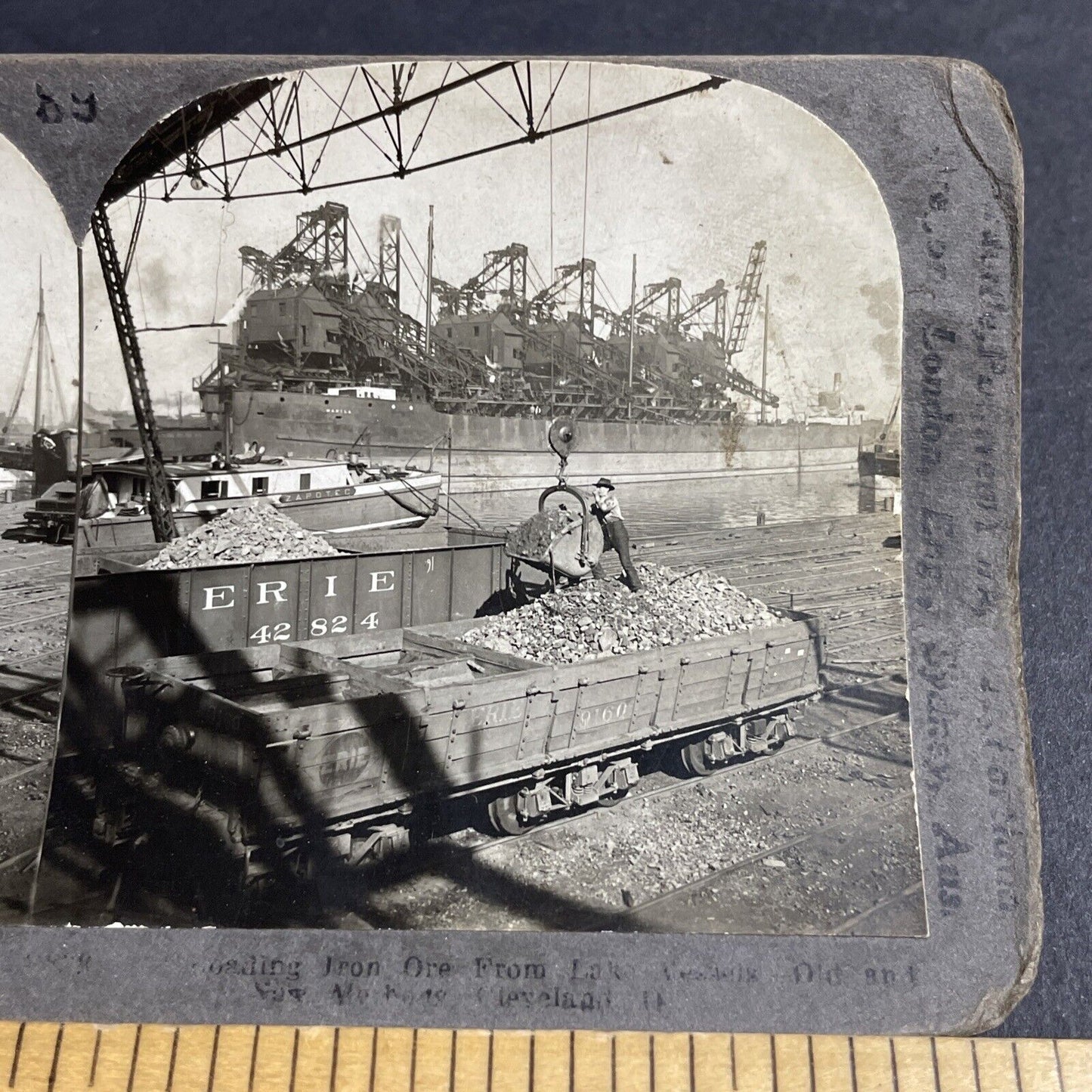 Antique 1920s Loading Iron Ore Onto Trains Cleveland Stereoview Photo Card P4290