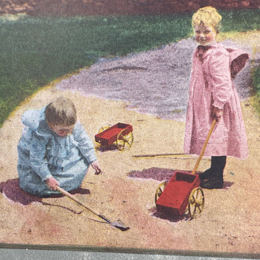 Antique 1898 Children 'Fixing' A Gravel Sidewalk Stereoview Photo Card P1134