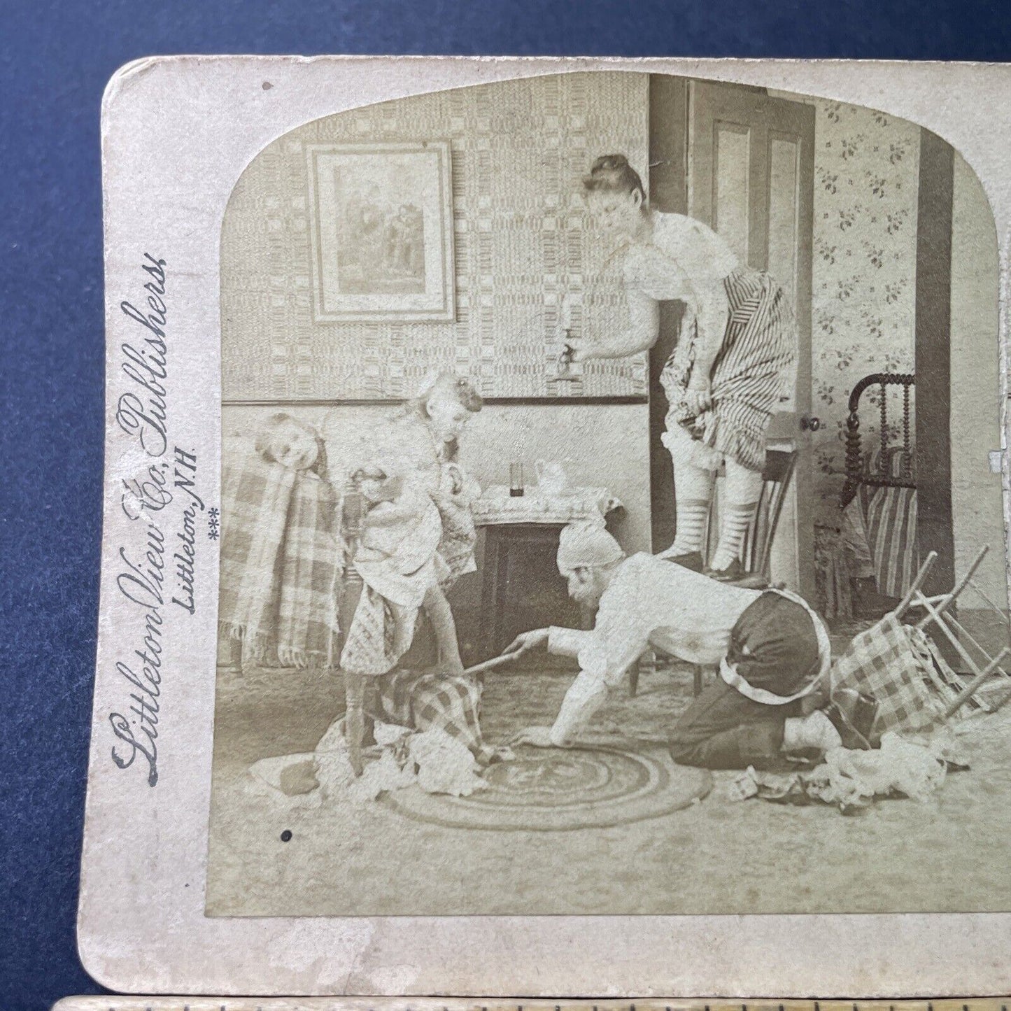 Antique 1891 Man Hunts For A Rat In House Stereoview Photo Card P3391