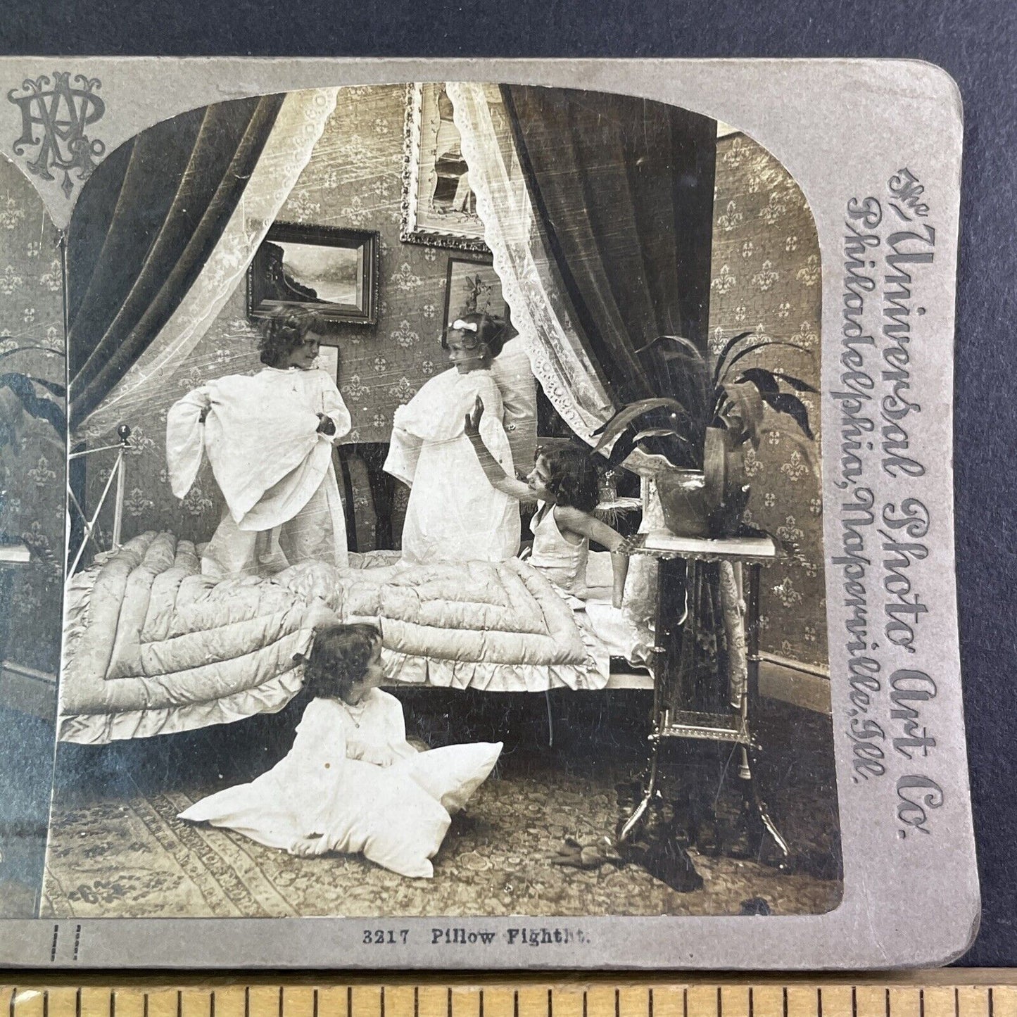 Children Have a Pillow Fight in Bedroom Stereoview Antique c1890s Y1348