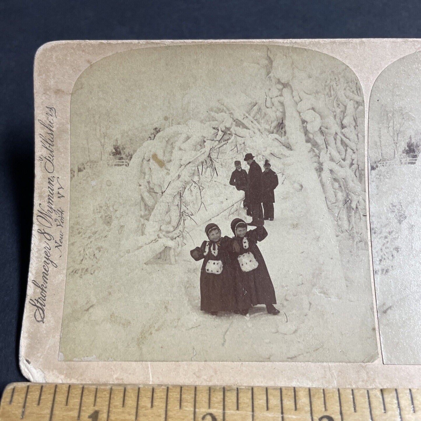Antique 1893 Two Twins In Snow Snowstorm Stereoview Photo Card P4261