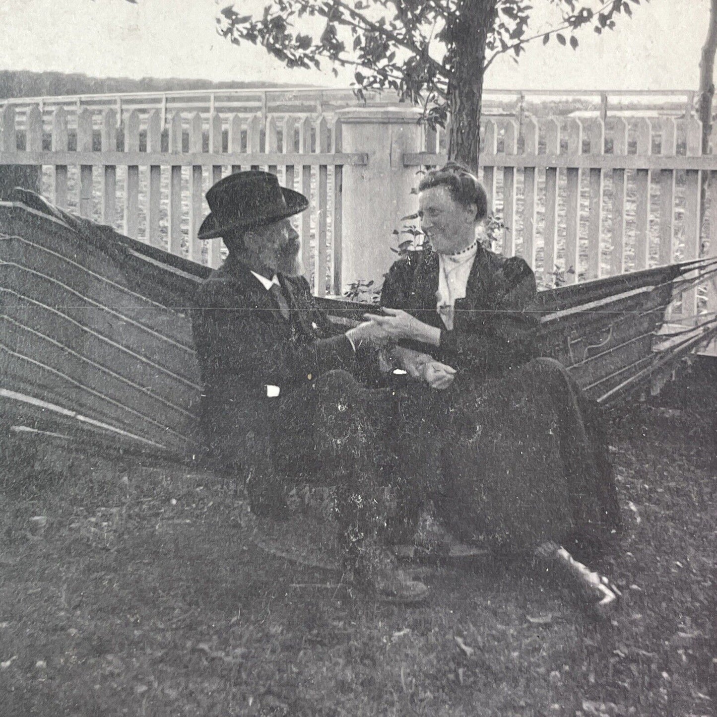 Man and Woman Smiling in a Hammock Stereoview OOAK Antique c1908 Y2723