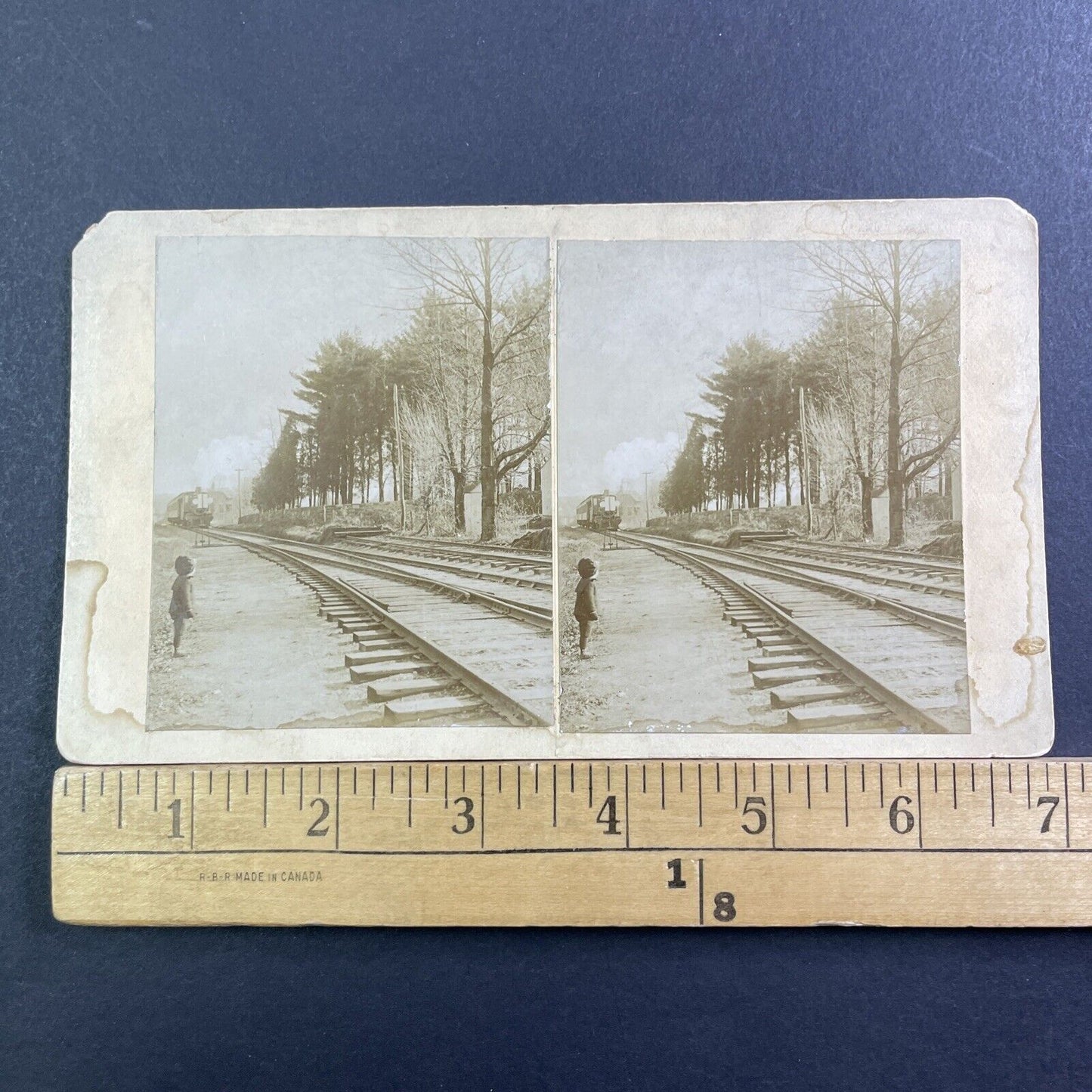 Child Near Passenger Train Tracks Stereoview Philadelphia? Antique c1875 X1615
