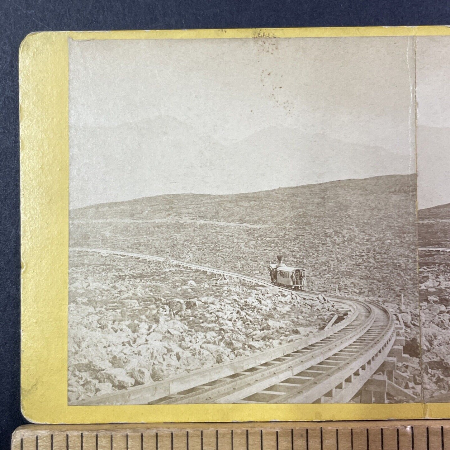 Mount Washington First Passenger Train Trip Stereoview Antique c1868 X914 *BENT*