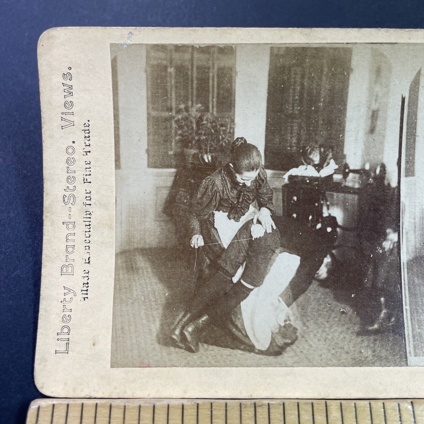 Antique 1880s Mother Stitches A Childs Pants Stereoview Photo Card P3461