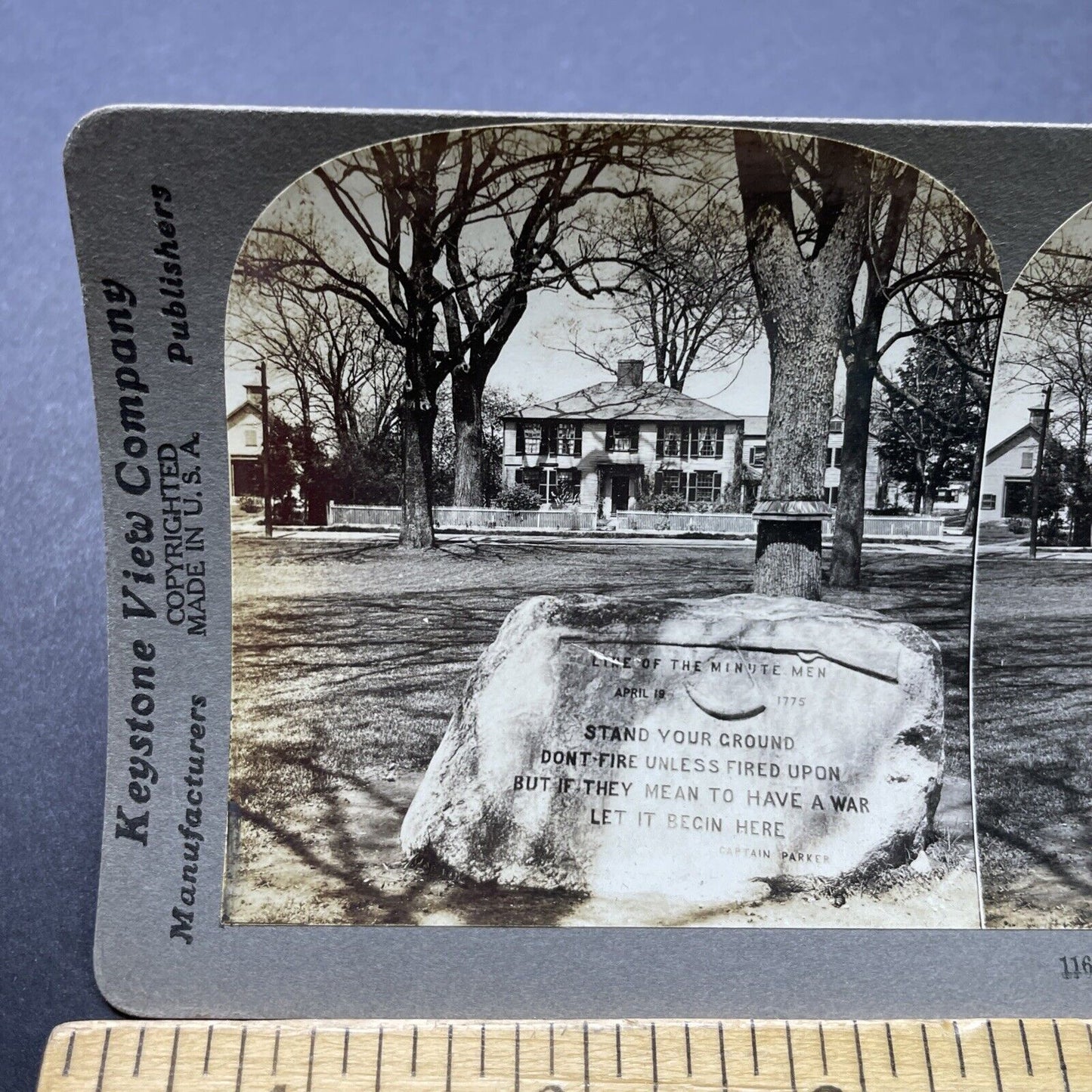 Antique 1909 Minute Man Stone Lexington MA Stereoview Photo Card P2472