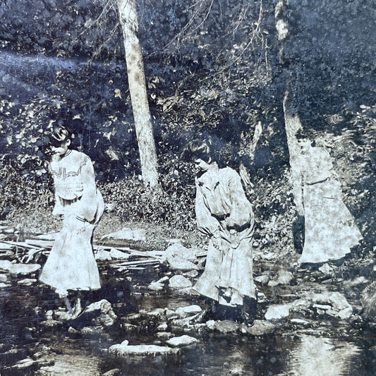 Antique 1903 Women Cross River In Flower Dresses Stereoview Photo Card P2975