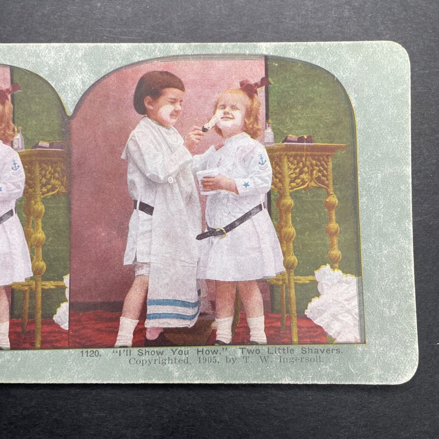 Antique 1905 Boy And Girl Play With Shaving Cream Stereoview Photo Card P1246