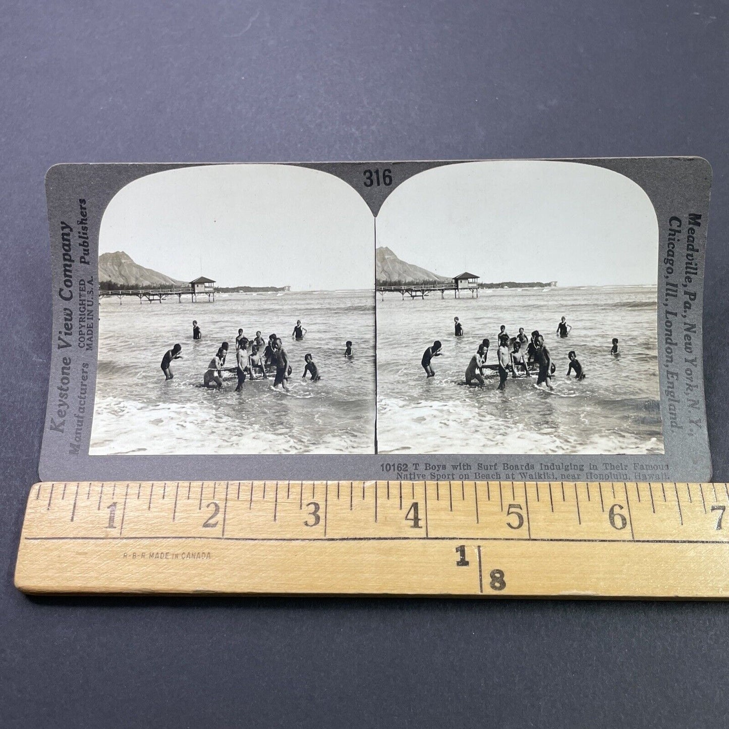 Antique 1910s Surfing Surfers In Honolulu Hawaii Stereoview Photo Card P3147