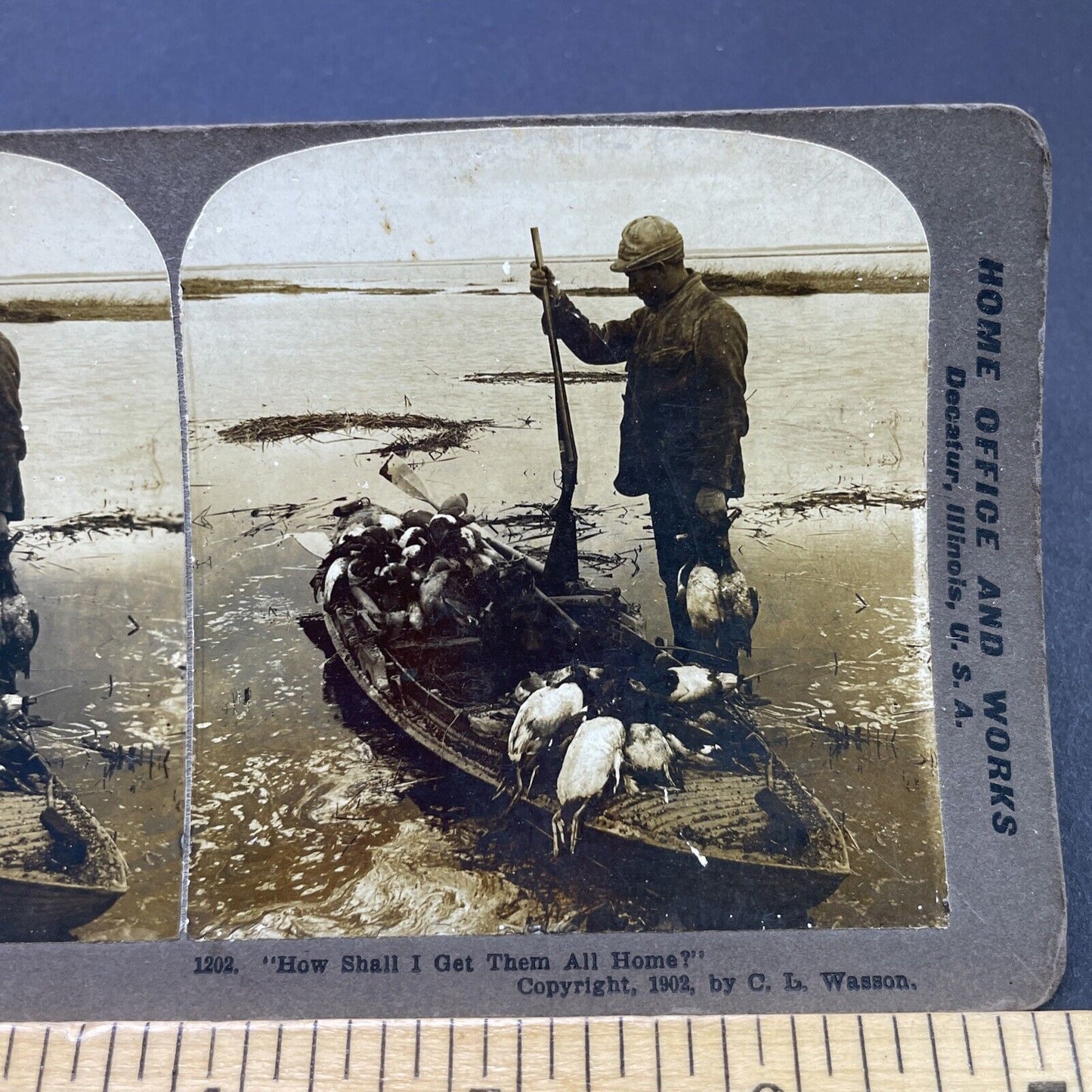 Antique 1902 Duck Hunter With Canoe Full Of Ducks Stereoview Photo Card P2653