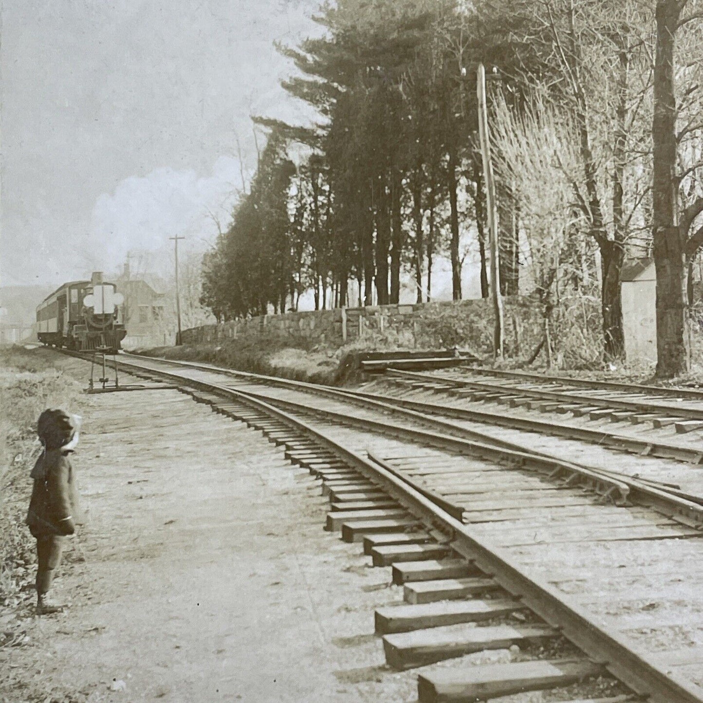 Child Near Passenger Train Tracks Stereoview Philadelphia? Antique c1875 X1615