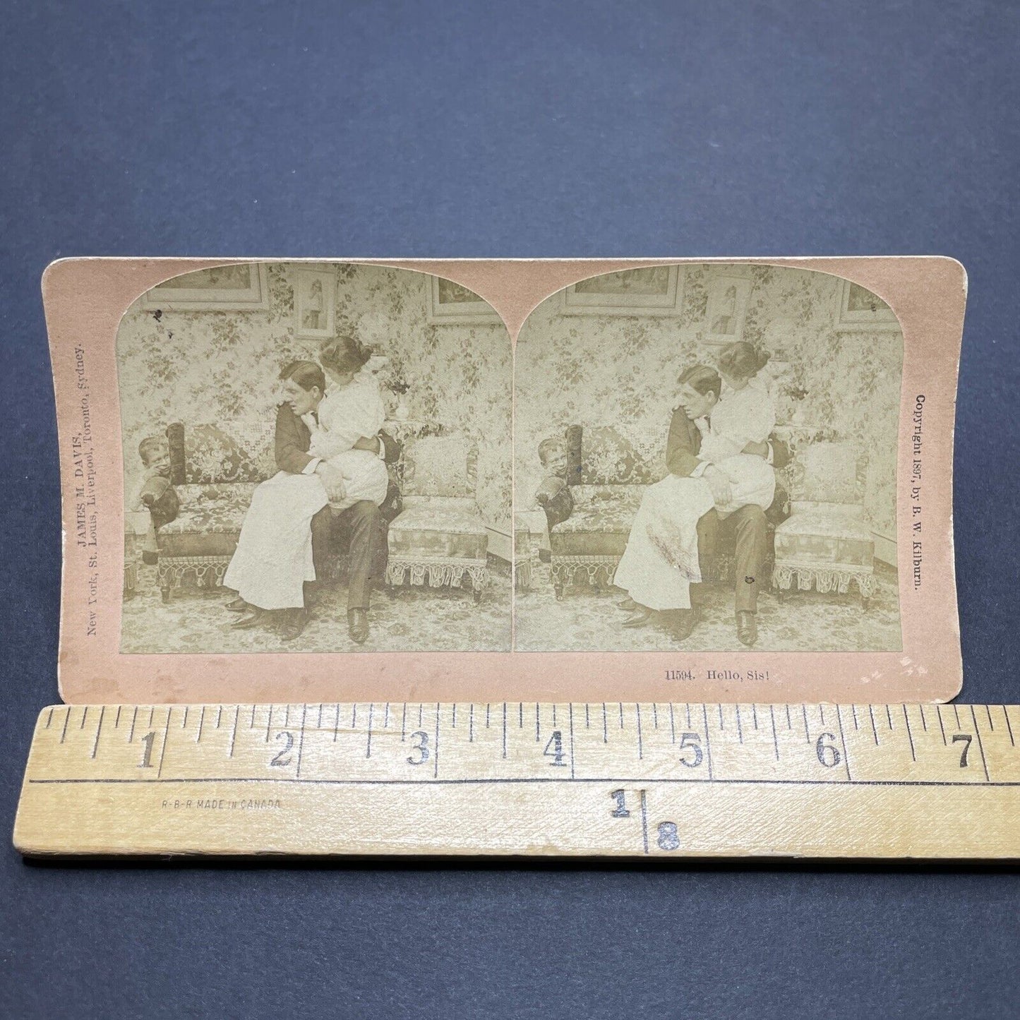 Antique 1897 Boy Catches Couple Kissing On Couch Stereoview Photo Card P1897