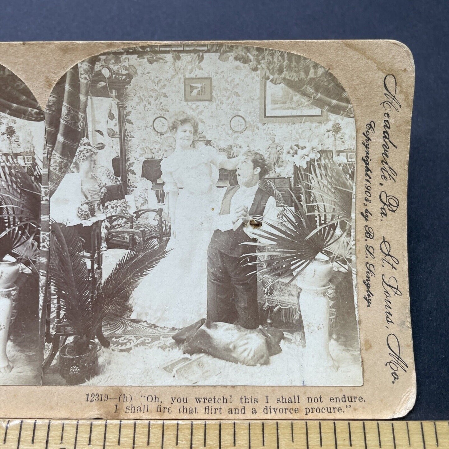 Antique 1903 Woman Scolds Man For Having A Mistress Stereoview Photo Card P2722