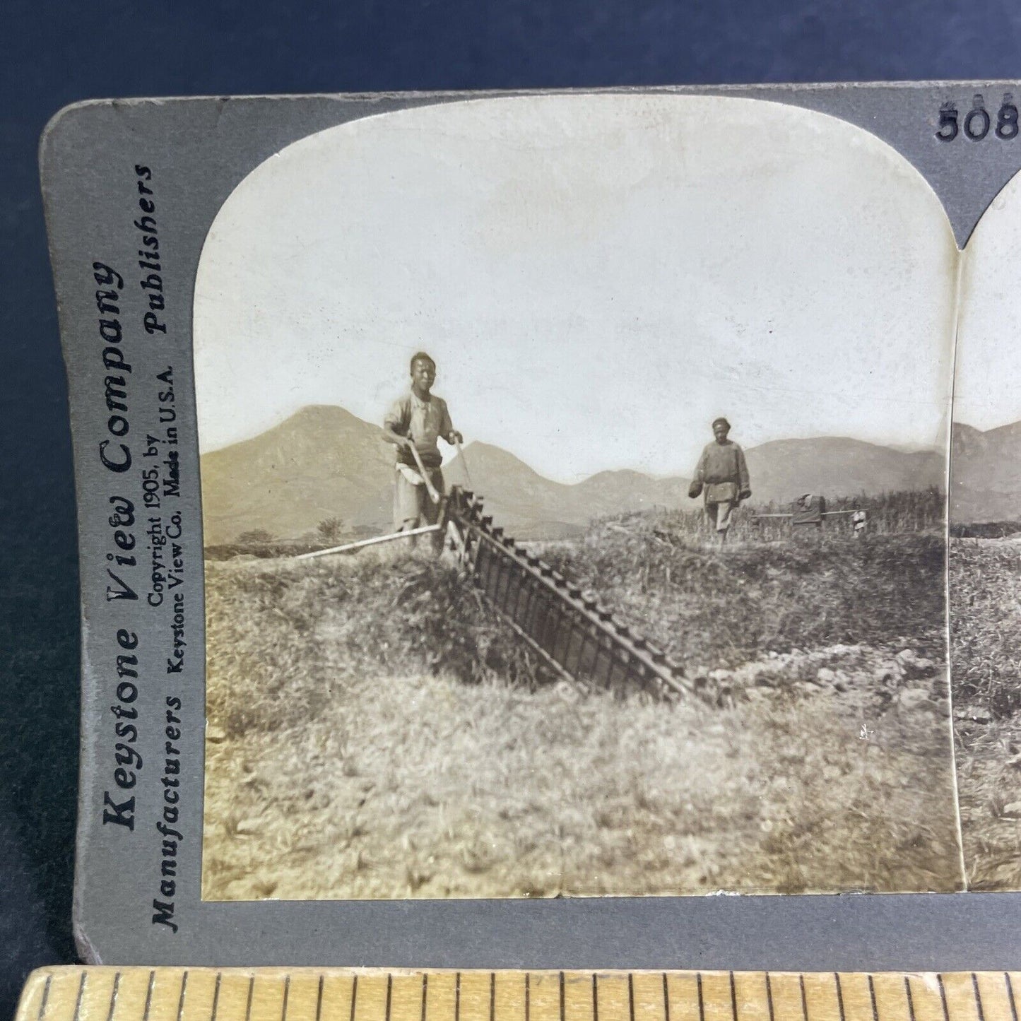 Antique 1905 Irrigation Hand Pump On Farm In China Stereoview Photo Card P2167