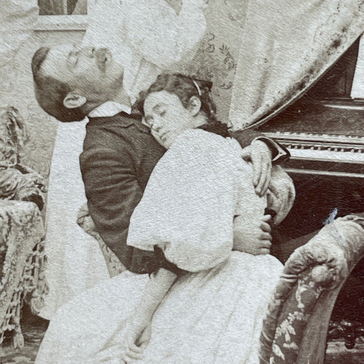 Antique 1897 Husband And Wife Fall Asleep At Piano Stereoview Photo Card P2003