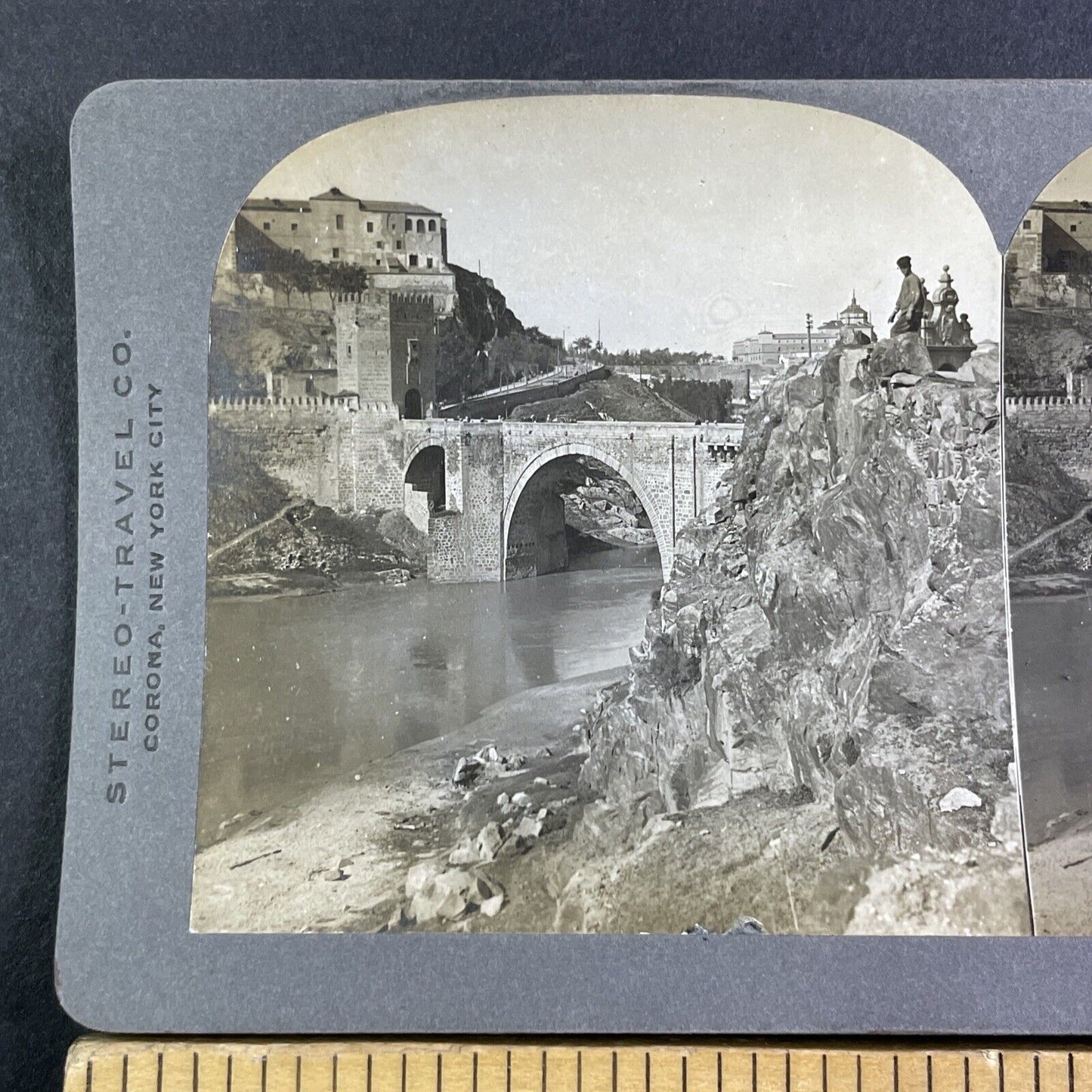 Elcantara Bridge in Toledo Spain Stereoview River View Antique c1908 X4213