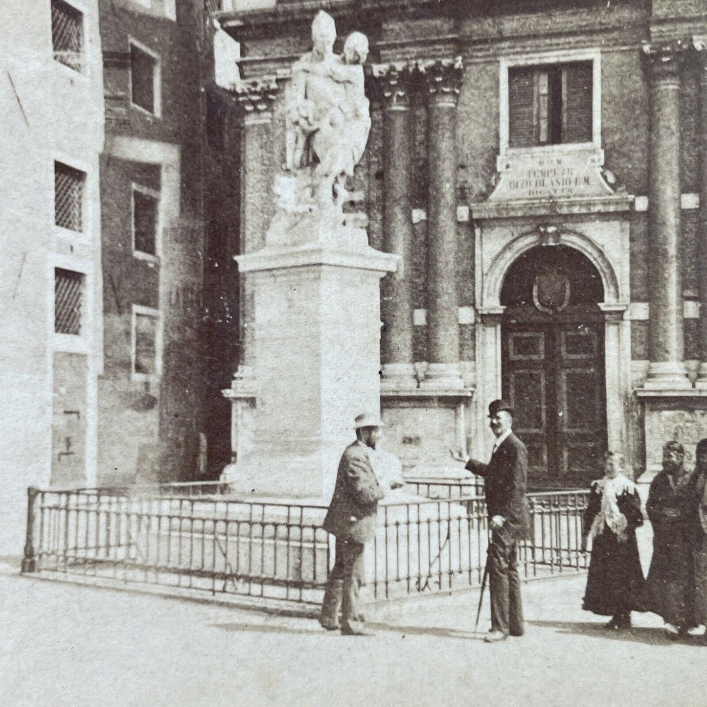 Antique 1880s Statue For Flood Victims Venice Italy Stereoview Photo Card P3028