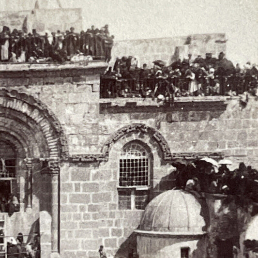 Antique 1897 People Crowding Roof Of Church Jerusalem Stereoview Photo Card 4483