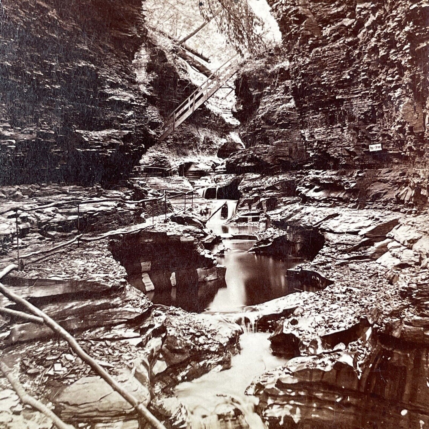 Watkins Glen Elfin Gorge New York Stereoview J.D. Hope Antique c1872 Y1747