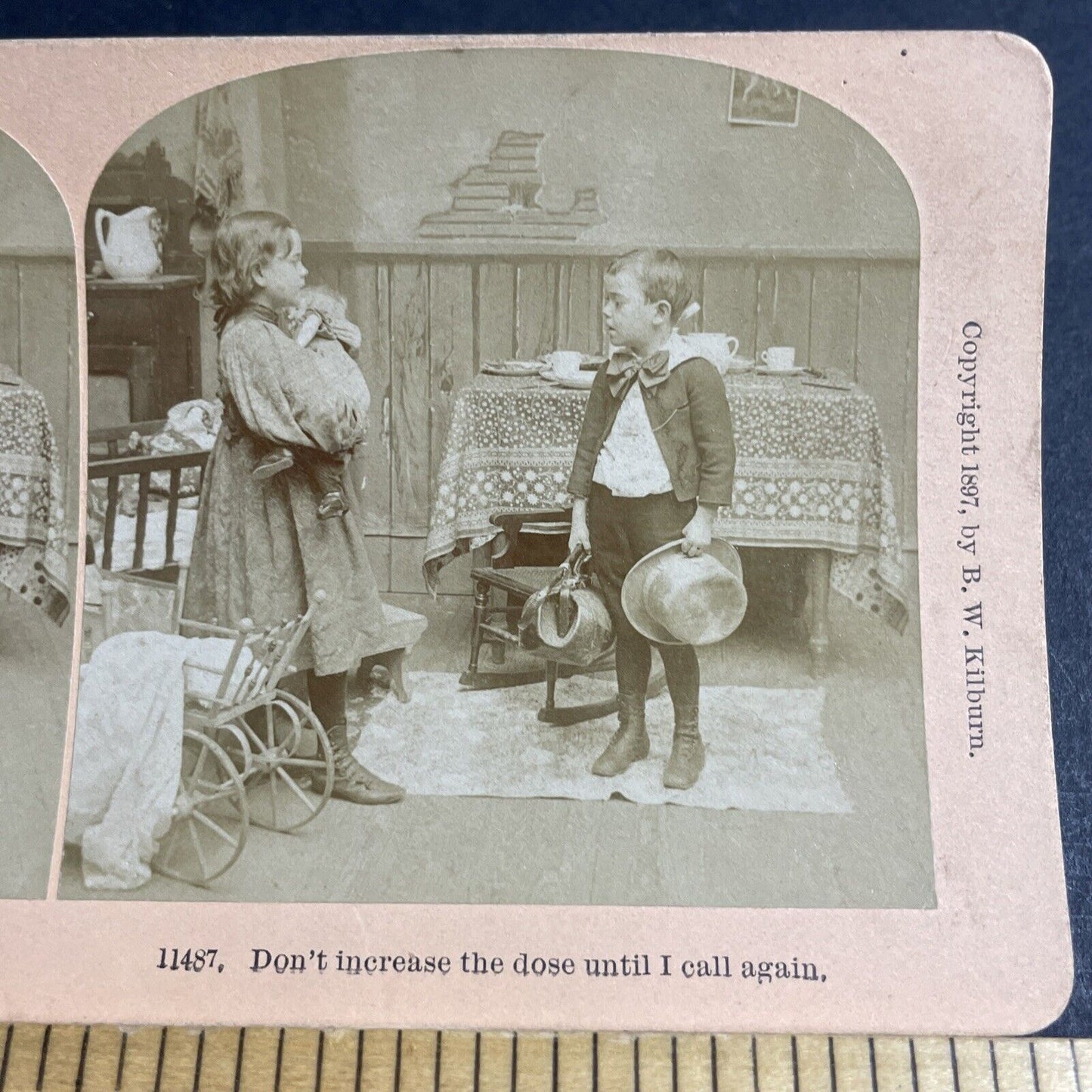 Antique 1897 Children Play Doctor In House Stereoview Photo Card P4633