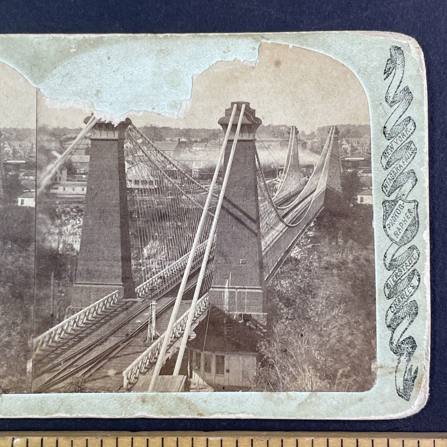 Erie Railway Suspension Bridge Stereoview Bierstadt Antique c1870s Y2707 DAMAGED