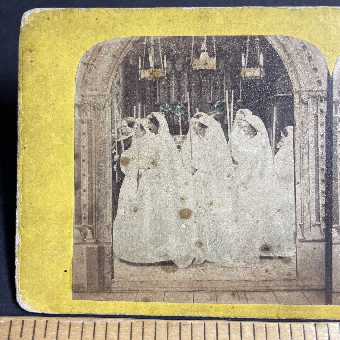 Antique 1870s Virgin Women Church Procession Stereoview Photo Card P4728